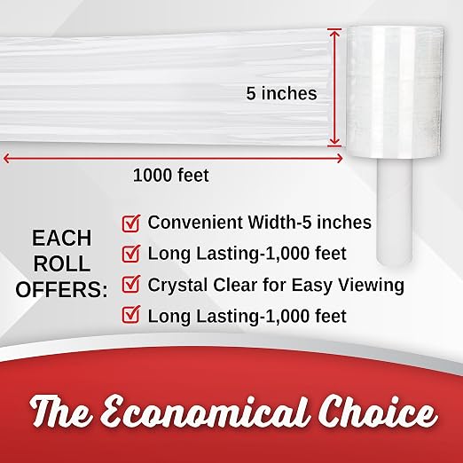 2 Pack Industrial Strength Mini Hand Stretch Wrap 5" 1000 Ft Roll 80 Gauge Thick, Shrink Wrap Roll for Moving Supplies, Furniture, Pallets, Plastic Wrap for Packing, Heavy Duty Stretch Film