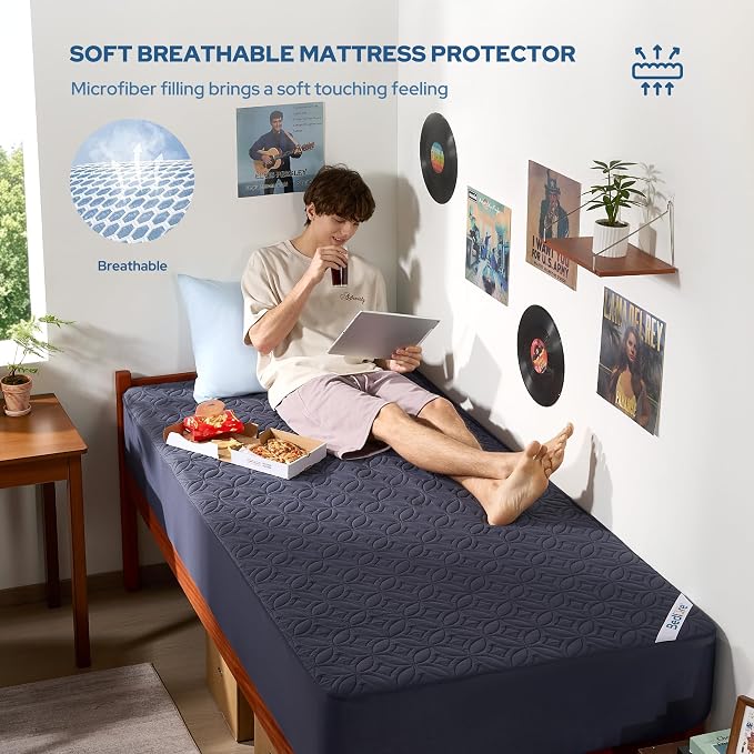 BEDLORE Waterproof Mattress Protector, Twin XL Size Mattress Pad with Deep Pocket 6"-15" Depth, Soft Dirt-Proof Double Bed Mattress Cover for Bedroom, College Dorm, Hotel (Navy Blue)