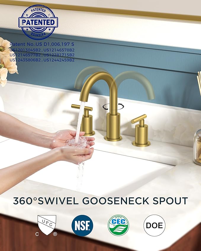 FORIOUS 2 Pack 8 Inch Widespread Brushed Gold Bathroom Faucet 3 Hole, 2 Handle Gold Sink Faucet Bathroom Vanity with 360 Degree Swivel Spout, with Pop Up Drain and cUPC Supply Line