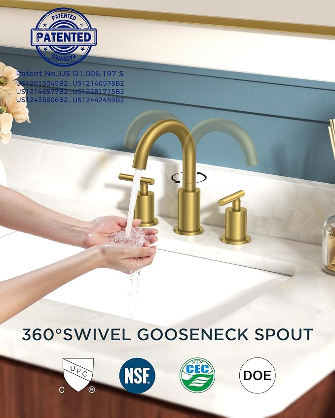 FORIOUS Brushed Gold Bathroom Faucet 3 Hole, 2 Handle 8 Inch Widespread Gold Sink Faucet Bathroom Vanity with 360 Degree Swivel Spout, with Pop Up Drain and cUPC Supply Line, for 6 to 12 in Sink