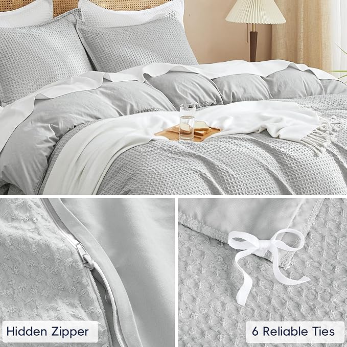 PHF Waffle Duvet Cover Set Twin XL Size, Back to School College Dorm Bedding, Ultra Soft Breathable Comforter Cover for All Season, Dorm Room Essentials Set with 1 Pillow Sham,68" x 90", Light Grey
