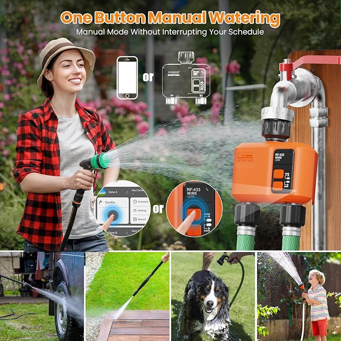 WiFi Water Timer for Garden Hose with 984 ft Range,Smart 2- Zone Sprinkler Timer, APP & Remote Control, Voice Control,Rain Delay, Manual Mode Sprinkler System, Lawn Sprinklers for Yard Large Area