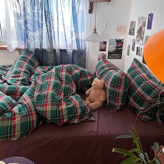 mixinni Vintage Green Buffalo Plaid Washed Cotton Duvet Cover Queen - Soft Breathable Textured Bedding Set with Zipper Closure for All Seasons-1 Duvet Cover + 2 Pillow Shams-Queen Size