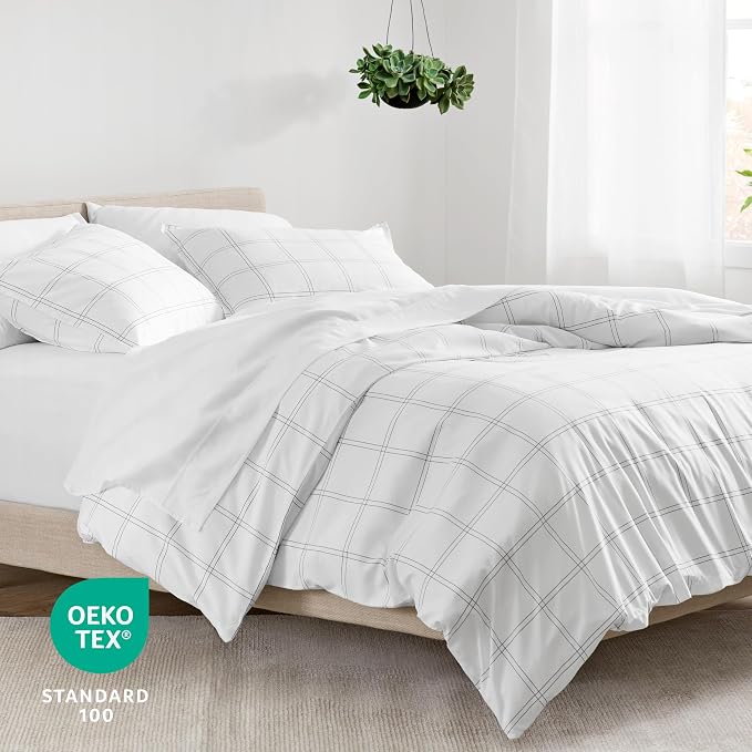 Bare Home Duvet Cover - Full Size Bedding Set - Premium 1800 Super Soft Collection - Lightweight, Cooling - Soft Breathable Duvet Cover (Full, Modern Plaid - White/Grey)