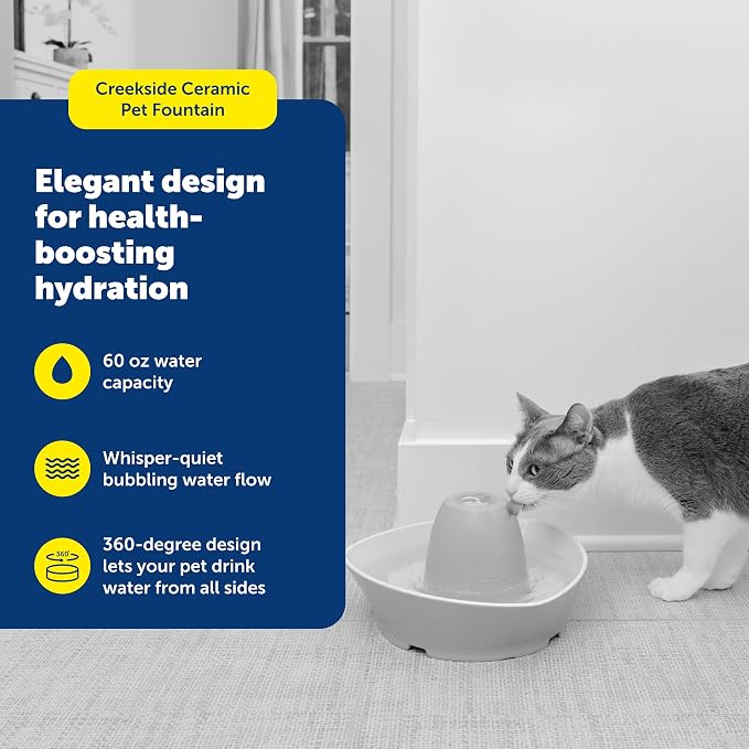 PetSafe Ceramic Pet Fountain – for Cats and Small Dogs – 60 Oz Water Capacity – Whisper-Quiet Water Flow – Great for Shy or Timid Pets – Fresh, Filtered Water