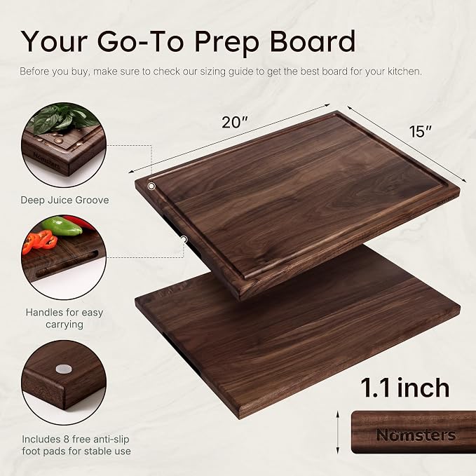 20'' Luxury Black Walnut Wood Large Wooden Cutting Boards for Kitchen | Real Black Walnut, Reversible, Chopping, Non Slip, Solid Hardwood, Charcuterie Board, Butcher Block, From USA, Kitchen Gift