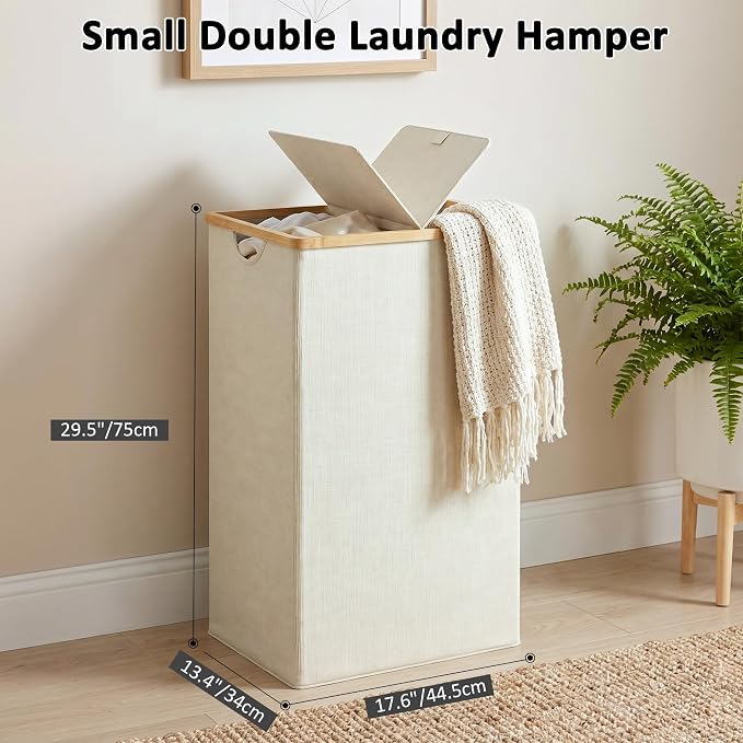efluky Laundry Hamper with Lid, Double Laundry Basket with 2 Removable Bags, 2 Section Laundry Bin with Bamboo Handles for Bathroom, Bedroom & Laundry Room, 115L (30.4 Gallon) Beige