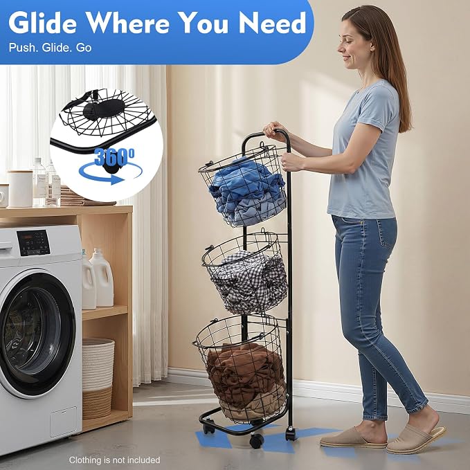 Laundry Basket with Wheels, 3 Tier Rolling Laundry Hamper Cart, Removable Metal Storage Shelf Basket, Portable Clothe Organizer Cart for Laundry Room, Balcony, Toilet, Kitchen