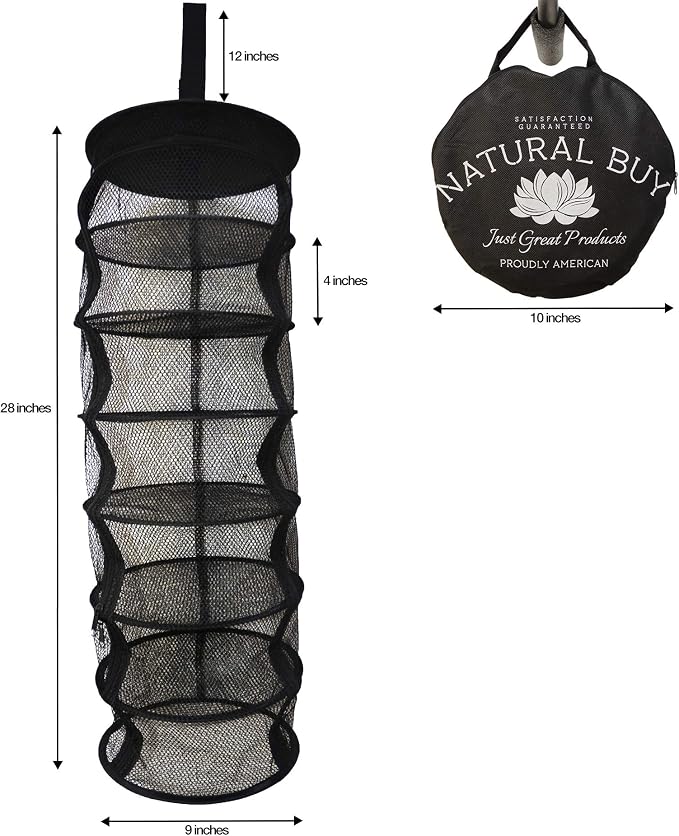 9 Inch 7 Level Micro Hanging Dry Net Indoor/Closet Drying Rack for Herbs, Organizer, Freshner - Black Mash Screen with Top-to-Bottom Zipper - Apartment Size with Zipped Storage Pouch