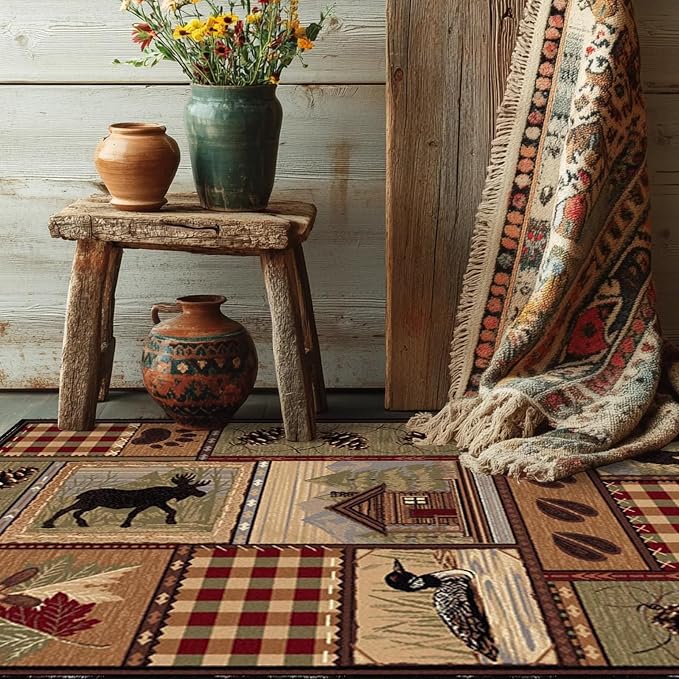 Rustic Cabin Deer Rugs 6ftx9ft Western Wildlife Bear Indoor Decorative Carpet for Bedroom Living Room Non-Slip Lodge Elk Bear Entryway Mat