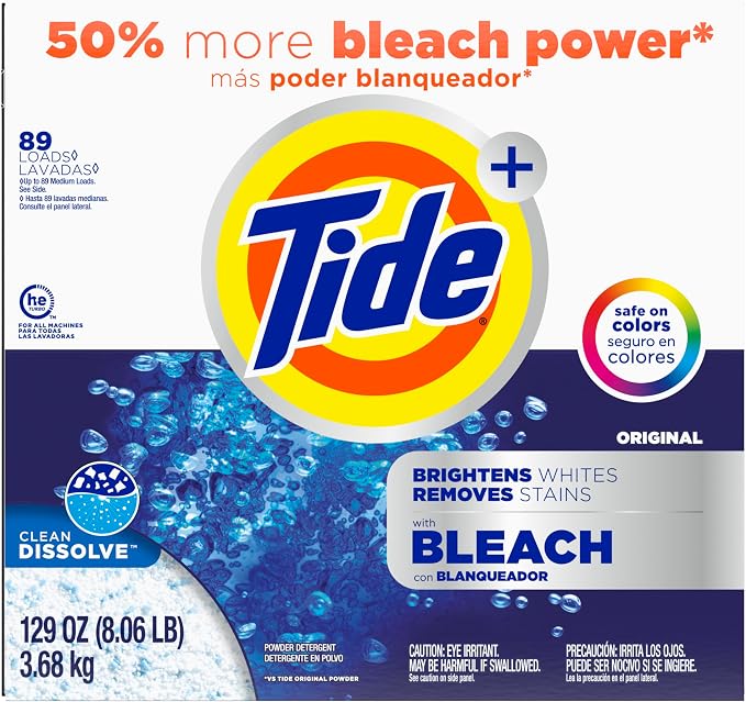 Tide Powder Laundry Detergent with Bleach, Original Scent, 89 Loads, 129 oz (Pack of 2)