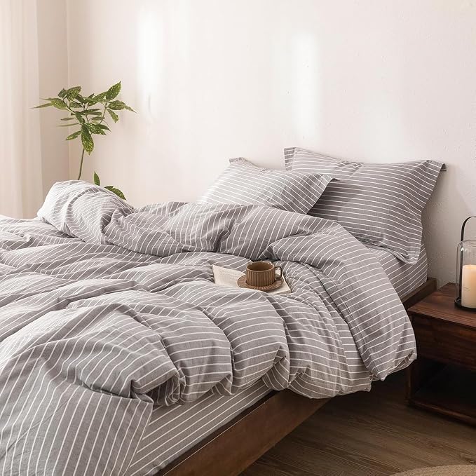 Stripe Duvet Cover Twin Size 90inch x 68inch, 100% Washed Cotton Linen Feel Duvet Cover with Zipper Closure and 1 Pillowcases, Color of Grey-White Stripe
