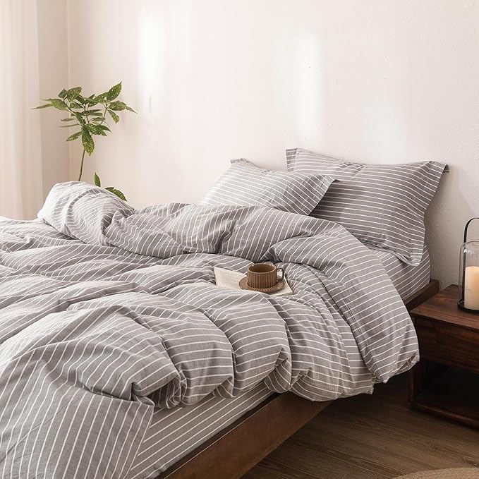 Stripe Duvet Cover Oversized King Size 120inch x 98inch, 100% Washed Cotton Linen Feel Duvet Cover with Zipper Closure and 2 Pillowcases, Color of Grey-White Stripe