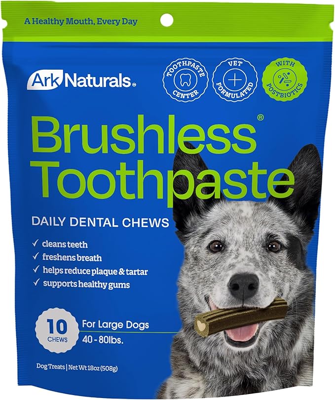 Ark Naturals Brushless Toothpaste Dog Dental Chews - Large Breeds (10 ct) | Vet Formulated Dog Dental Chew with Toothpaste Center - Freshens Breath, Reduces Plaque & Tartar