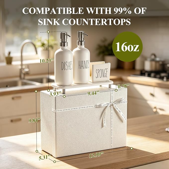 Cisily Housewarming Gifts New Home Basket, Kitchen Soap Dispenser Set Comes with Ceramics Sponge Holder, Silver Stainless Steel Pumps, and Instant Dry Tray, Hand and Dish Soap Dispenser Set