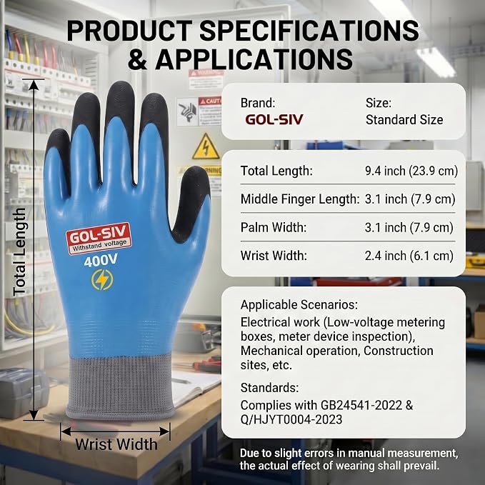 Double Insulated Electrical Gloves,400V Low Voltage Electrician Safety Gloves,Rubber Non Slip Work Gloves For Men (Blue,Large)