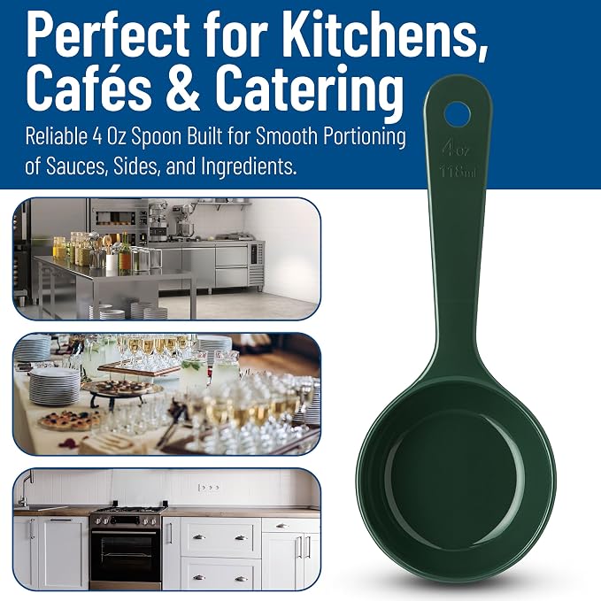 Carlisle FoodService Products 8.25" 4 Ounce Solid Measuring Spoon – Portion Control – Flat Bottom spoon – Short Handle, Dishwasher Compatible, Forest Green, (Pack of 12)