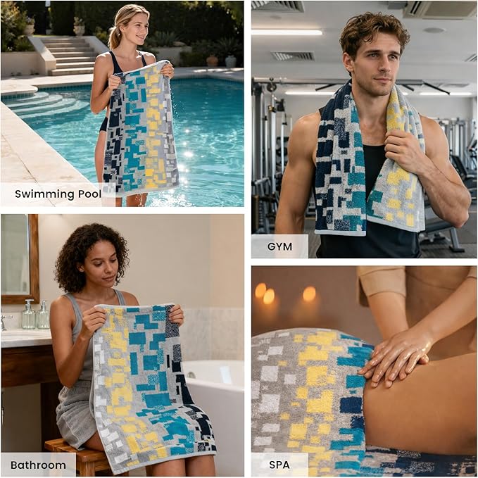 SEMAXE Bath Towel Set, 8 Piece Towel Set for Bathroom, Quick Dry Cotton Towels with Hanging Loops, Easy Care, Geometric Pattern