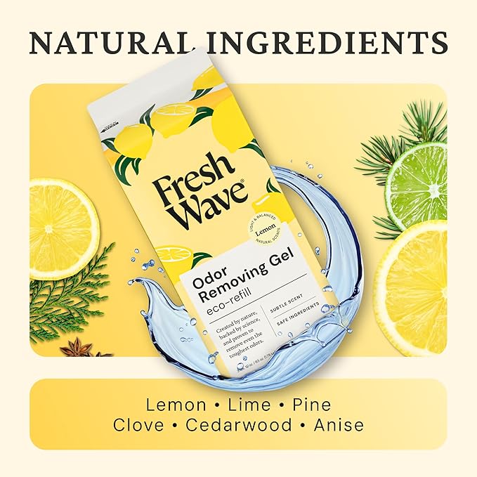 Fresh Wave Odor Removing Gel Eco-Refill, 63 oz. Lemon Scent | 4 Empty Refillable Glass Jars | 4 Room Set