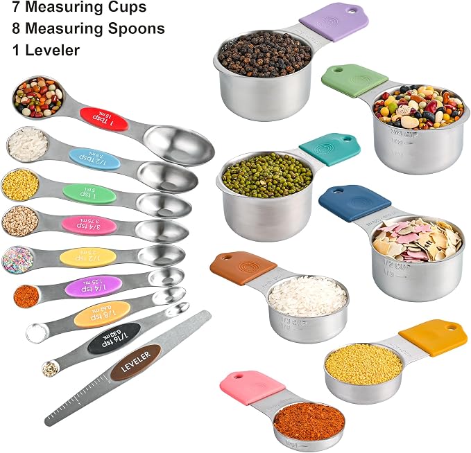 Measuring Cups and Spoons Set 16, Metric & US Stainless Steel Magnetic Measuring Cups and Spoons Set for Baking & Kitchen, Dry & Liquid Metal Measure Cups & Spoons with Leveler
