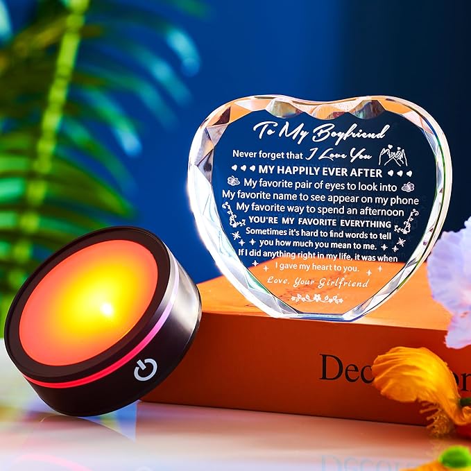 Gifts for Boyfriend with Colorful LED Base Unique Birthday Gift Ideas from Girlfriend Romantic Heart Crystal Keepsakes to My Anniversary Christmas Valentine Day