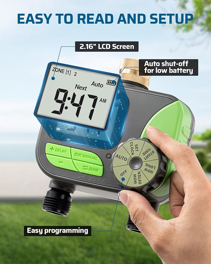DEWENWILS 2-Zone Outdoor Hose Timer - Automatic Sprinkler Timer with Brass Inlet, Rain Delay & Manual Control for Lawn, Garden, and Yard Irrigation