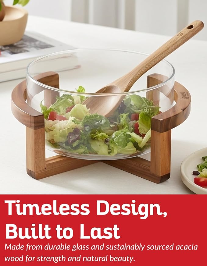 Large Glass Salad Bowl Set with Acacia Wood Stand, Serving Spoon and Fork, 11 Inch Clear Glass Mixing Bowl for Pasta Fruits Veggies, Elegant Dinner Table Centerpiece Serving Dish