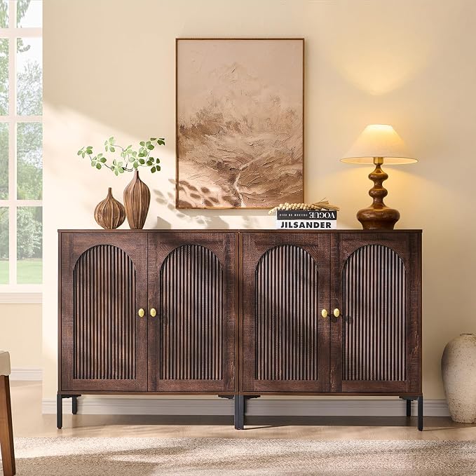 IFGET 61.75" W Modern Arched Sideboard Buffet Cabinet with Storage, Brown | Fluted Arch Sideboard Cabinet w/Adjustable Shelves, Wooden Modular Kitchen Cabinet for Dining& Living Room, Entryway
