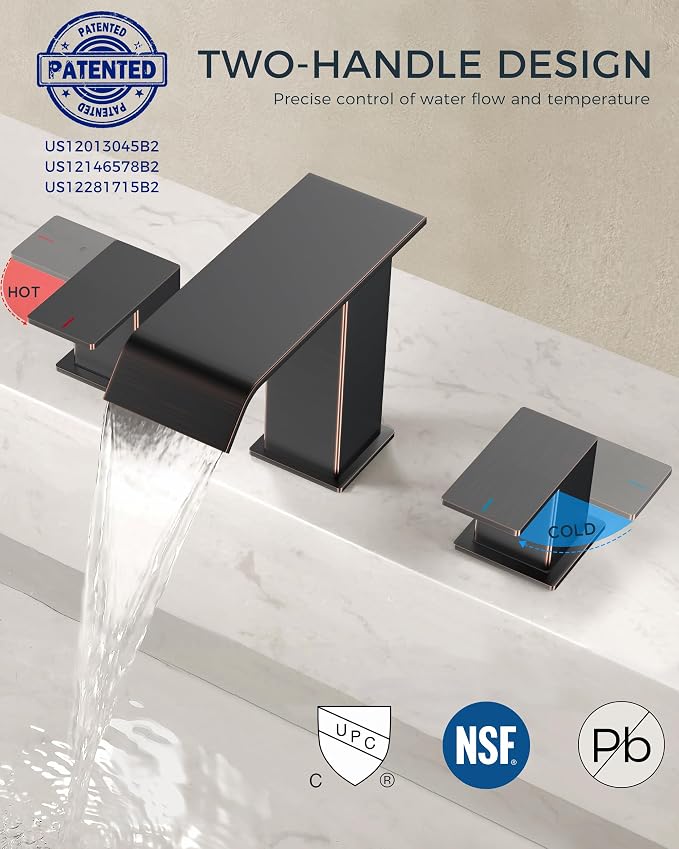 FORIOUS Bathroom Faucets 3 Hole Oil Rubbed Bronze, 8 Inch Widespread Bathroom Sink Faucet Waterfall Spout, with Pop Up Drain and Water Supply, Suitable for Vanity Rv Commercial Lavatory Restroom