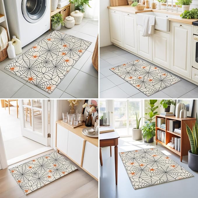 Entryway Area Rug 2'x3', Halloween Washable Small Area Rugs for Kitchen Bathroom Bedroom Office Laundry, Black Net Classic Spiders Gingham Orange Rustic Door Mat Indoor Entrance Floor Throw Carpet