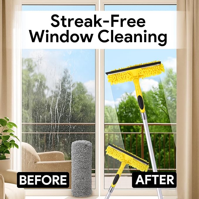45'' Long Reach Window Squeegee with Telescoping Extension Pole, 2-in-1 Indoor/Outdoor Cleaning Tool with 270° Rotatable Head, Lightweight Alloy Aluminum Pole for Shower Door, Mirror, Car Windshield