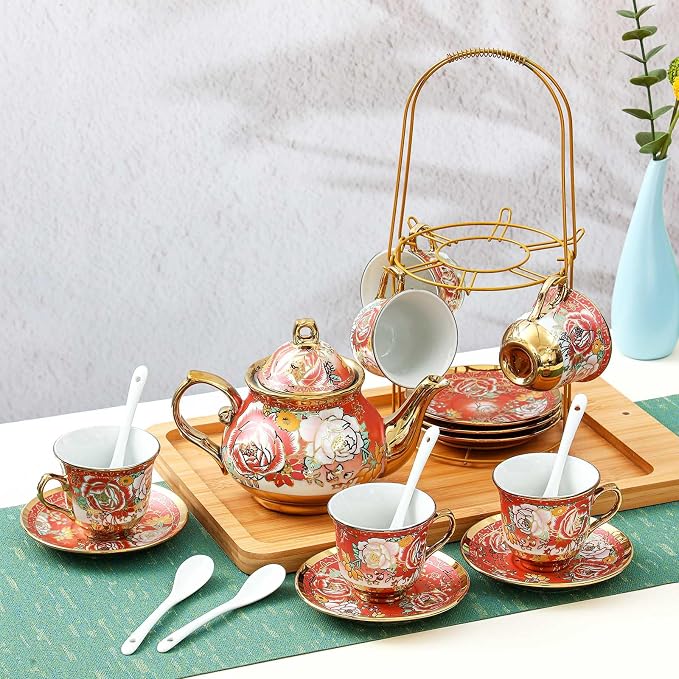 Zhehao 20 Pcs Porcelain Tea Set with Metal Holder and Spoon Adult Ceramic Tea Set European Flower Painting Teapot Cup Saucer Spoon for Women Mom Gift, Large Version (Noble Style)