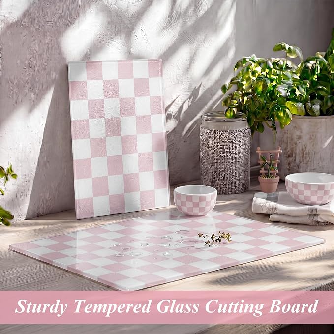 Thenshop Set of 2 Tempered Glass Cutting Boards Pink Check Countertop Cutting Boards Heat Resistant with Non-slip Feet for Kitchen Counter Housewarming Wedding Gift 7.9x11inch+11x15 Inch
