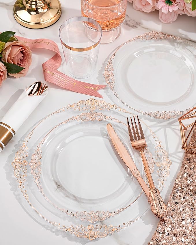 Nervure 350PCS Rose Gold Plastic Plates - Rose Gold Plastic Dinnerware Sets for 50 Guests - 100 Disposable Plates, 150 Silverware, 50 Cups, 50 Napkins Perfect for Wedding & Party
