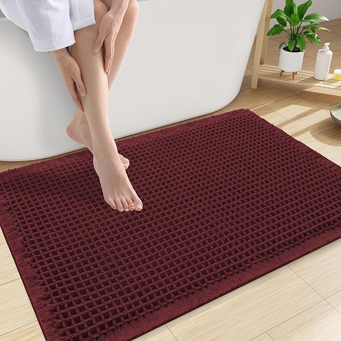 Smiry Waffle Bath Mat 30x20, Extra Soft Absorbent Bathroom Rugs, Non Slip Machine Washable Quick Dry Bath Rugs for Bathroom Floor, Tub, Shower, Home Decor Accessories, Burgundy