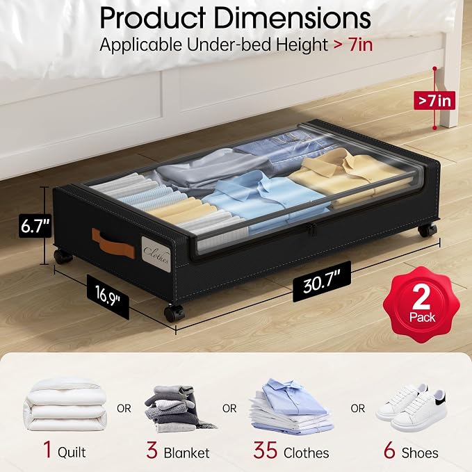 Yecaye Under Bed Storage with Wheels 60L, 2 Pack Under Bed Storage Containers, Underbed Shoe Storage with Clear Window & Label, Rolling Under Bed Metal Drawer for Clothes, Shoes, Books, Black