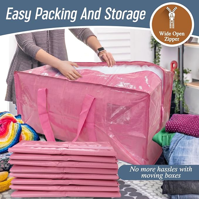 6 Pack Extra Heavy Duty Large Moving Bags with Strong Zipper, Pink | Comfortable Handles, Sturdy & Durable Clothes Storage Bags Totes Bins, Blue Packing Moving Boxes for College Supplies