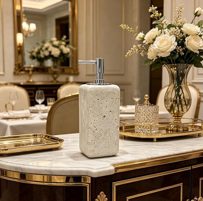 Travertine Stone Soap Dispenser Natural Organic Bathroom Soap Pump with Metal Push Pump, Elegant Square Hand Lotion Jar, Premium Heavy Duty Pump Bottle Lotion Jar for Kitchen/Laundry Room(Ivory White)