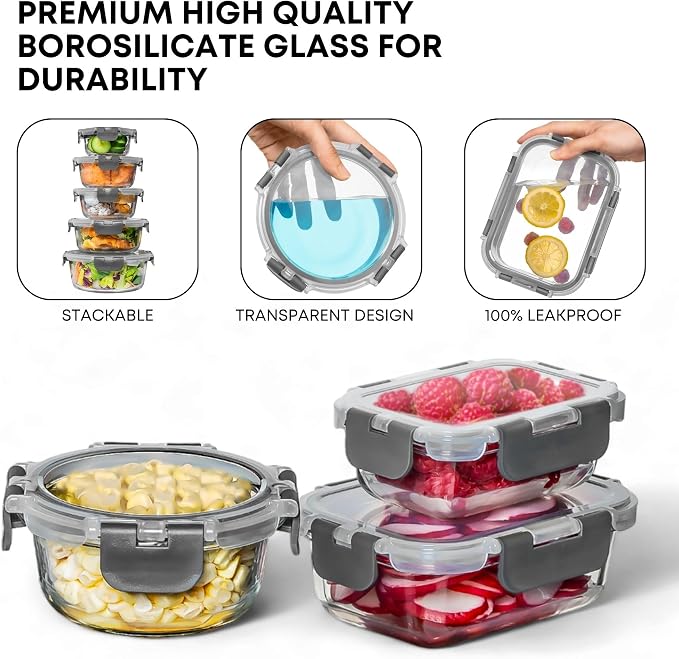 Razab 30 PC Glass Food Storage Containers with Lids - Reusable Glass Meal Prep Containers for Lunch and Leftovers - Airtight & Leakproof Snap Locking Lids - Oven, Freezer, Microwave & Dishwasher Safe