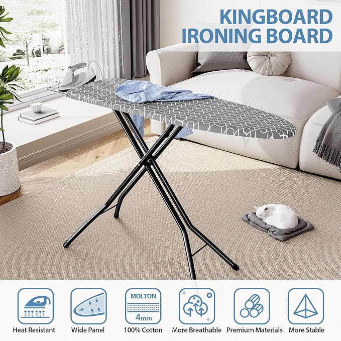 KINGBOARD Foldable Ironing Board Full Size, Iron and Ironing Board Set Standard Size, Iron Boards with Ironrest & Adjustable Height,Heavy Duty Iron Table Stand with Metal Legs &Thick Cover,43x13 Gray | Foldable, Height Adjustable, Iron Rest, Extra Thic...