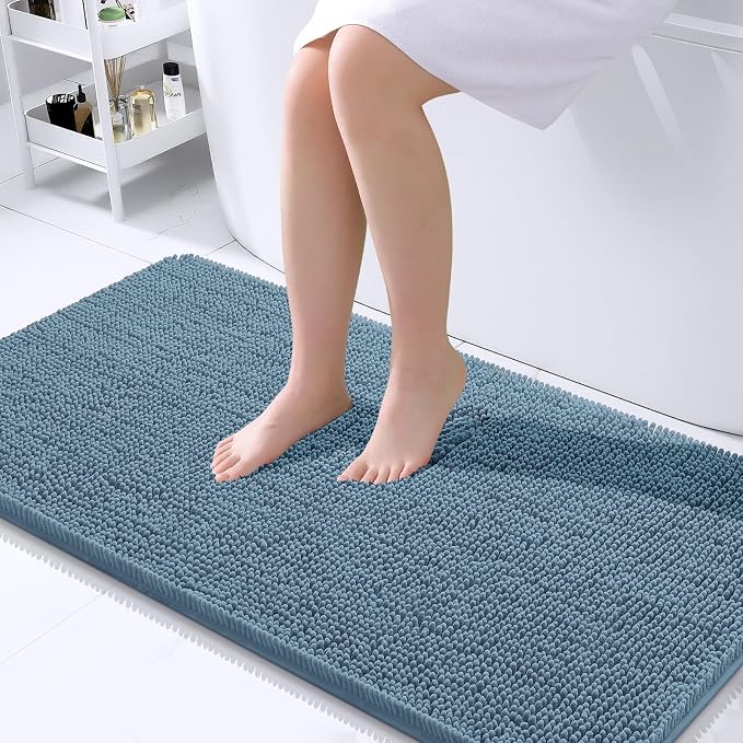 OLANLY Bathroom Runner Rugs 44x24, Soft Absorbent Chenille Bath Rugs, Rubber Backing Quick Dry, Machine Washable Long Bath Mats for Bathroom Floor, Tub and Shower, Home Decor Accessories, Airy Blue