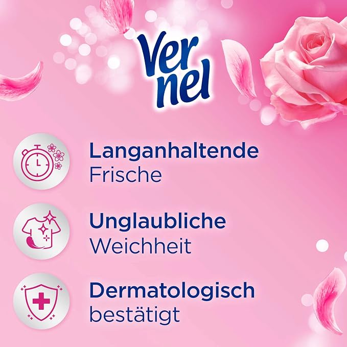 VERNEL Wildrose Fabric Softener, 4 x 39 WL (156 Washes), Washing Fragrance for 24 Hours and 7 Days Long-lasting Freshness with Unique Fragrance Technology, Recyclable Bottle