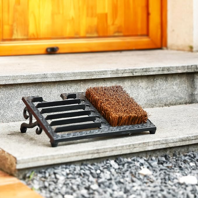 Cast Iron Boot Brush Scraper Outdoor, Black Heavy Duty Boot Scrubber Brush with Angled Design, Outdoor Shoe Scrapers with Brushes, All Weather Boot Scraper for Home Porch Entryway Garden Farmhouse