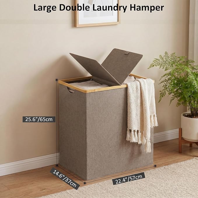 efluky Laundry Hamper with Lid, Double Laundry Basket with 2 Removable Bags, 2 Section Laundry Bin with Bamboo Handles for Bathroom, Bedroom & Laundry Room, 140L (36.9 Gallon) Brown