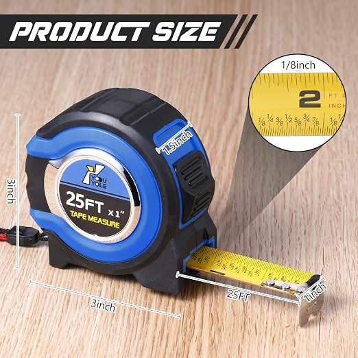 Youyole 10 Pack Tape Measure with Fractions 1/8 Steel Measuring Tape Retractable Easy Read Measurement Ruler Steel Power Blade (25 ft X 1 in,Blue)
