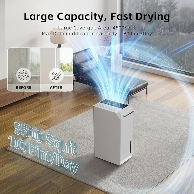 Uthfy 5500 Sq.Ft Dehumidifiers for Home and Basement, Max 100 Pint/Day Dehumidifier with Drain Hose, 24 H Timer & Child Lock, LED Panel, Ultra Quiet, whole house dehumidifiers for home, Bedroom