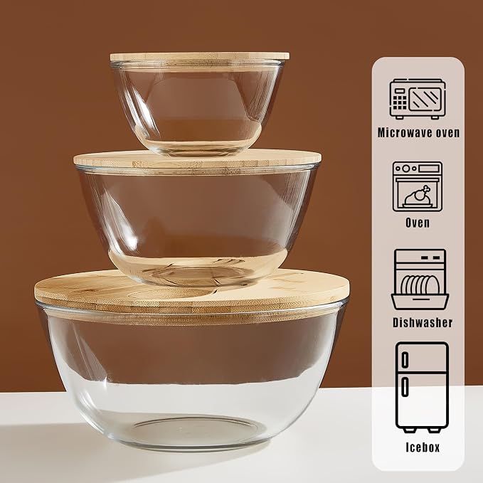 Glass Mixing Bowls with Bamboo Lids, 3 Packs Glass Bowls with Lids Set(4.7QT, 2.1QT, 0.8QT), Large Capacity Salad Bowls, Nesting Containers Microwave Safe Baking Bowls for Kitchen