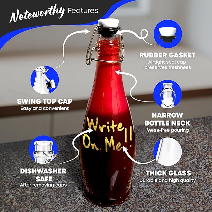 Nevlers 17 Oz Teardrop Flip Top Glass Bottle with Stopper 12 Pack | Swing Top Glass Bottles with Airtight Lid, Funnel, Brush, Tags, Marker & Shrink Wrap | Soda Bottles | Air Tight Bottle For Liquids