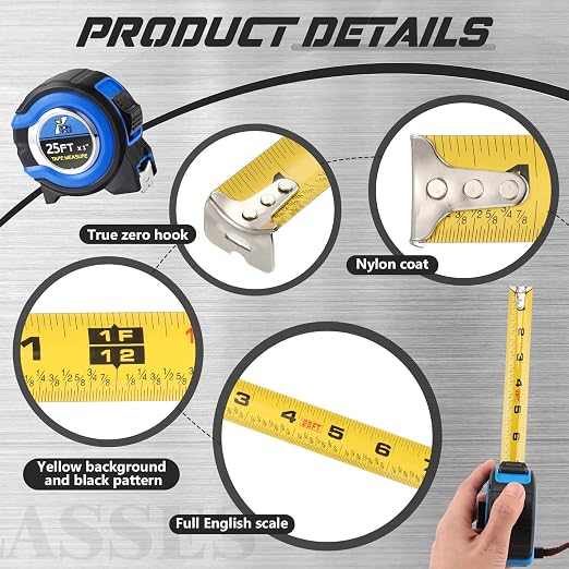 Youyole 10 Pack Tape Measure with Fractions 1/8 Steel Measuring Tape Retractable Easy Read Measurement Ruler Steel Power Blade (25 ft X 1 in,Blue)