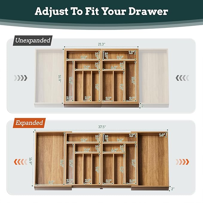 Silverware Organizer Large, Magnetic Connected Expandable 13 Slots Silverware Drawer Organizer From 21 to 37.4 Inches, Adjustable Flatware and Cutlery Holder, Bamboo Utensil Tray for Kitchen Acacia